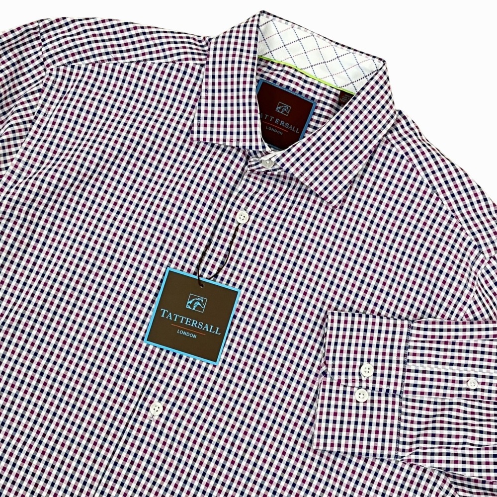 New Tattersall London Mens Shirt L 16-16.5 32/33 Purple Check Long Sleeve Cotton